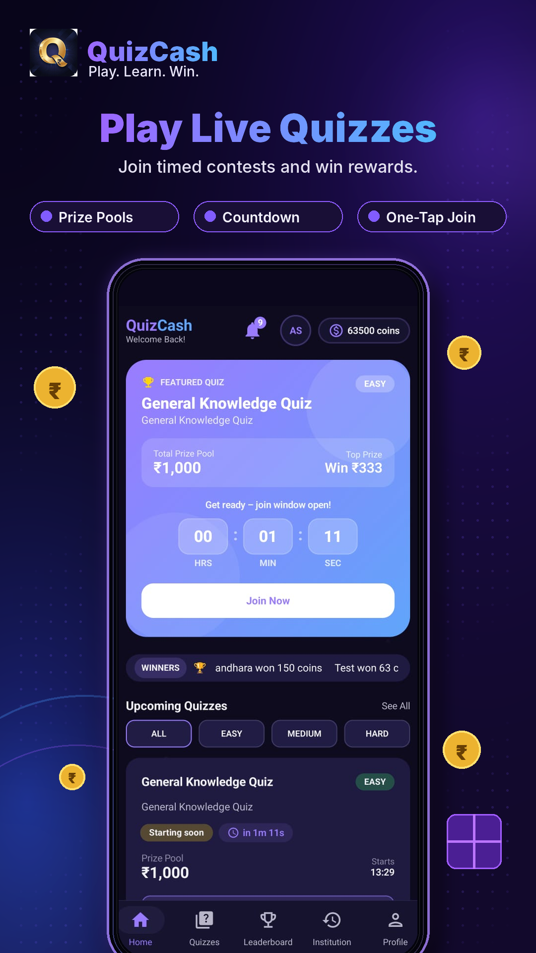 QuizCash quizzes home screen