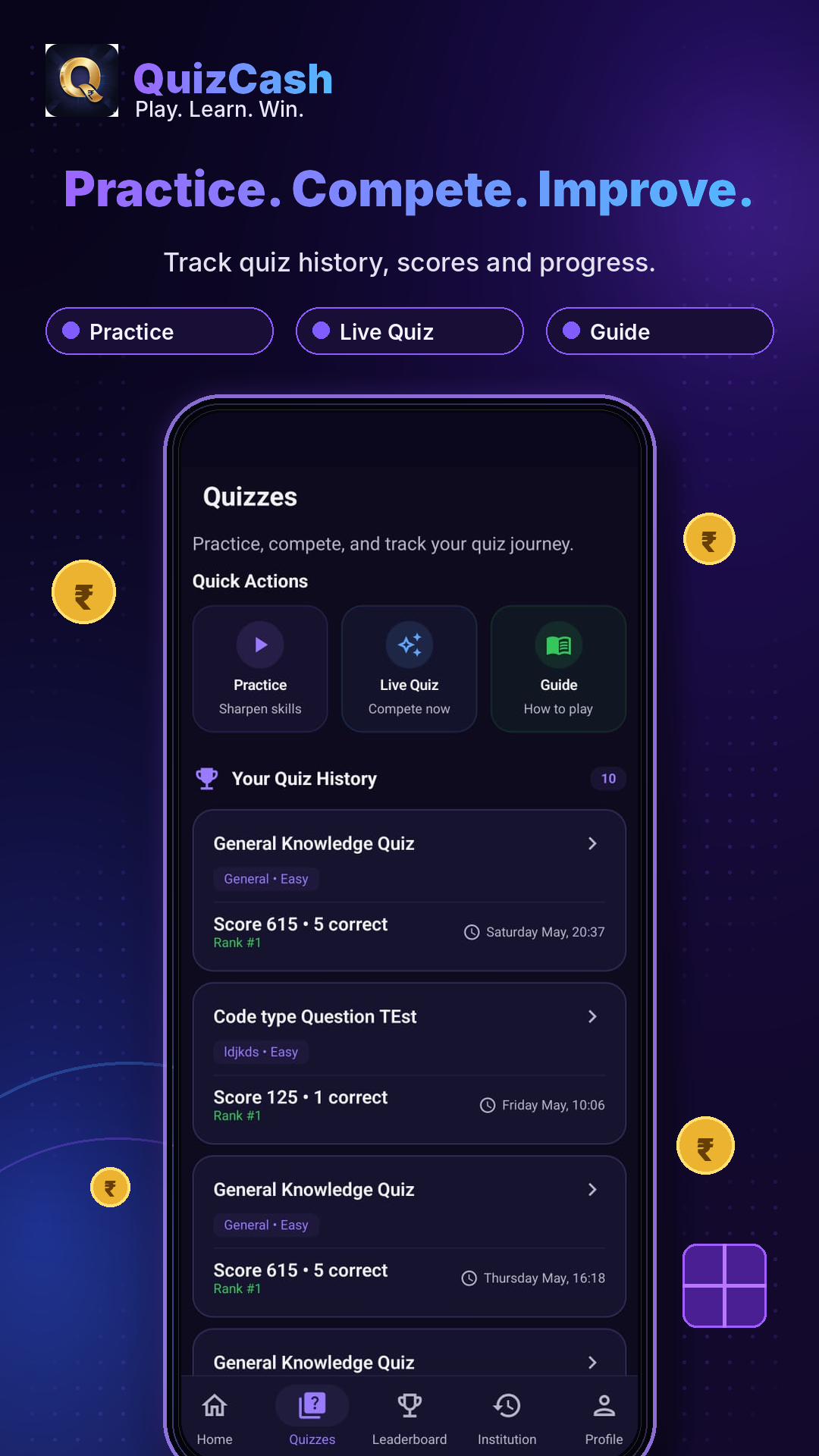 QuizCash practice quizzes screen